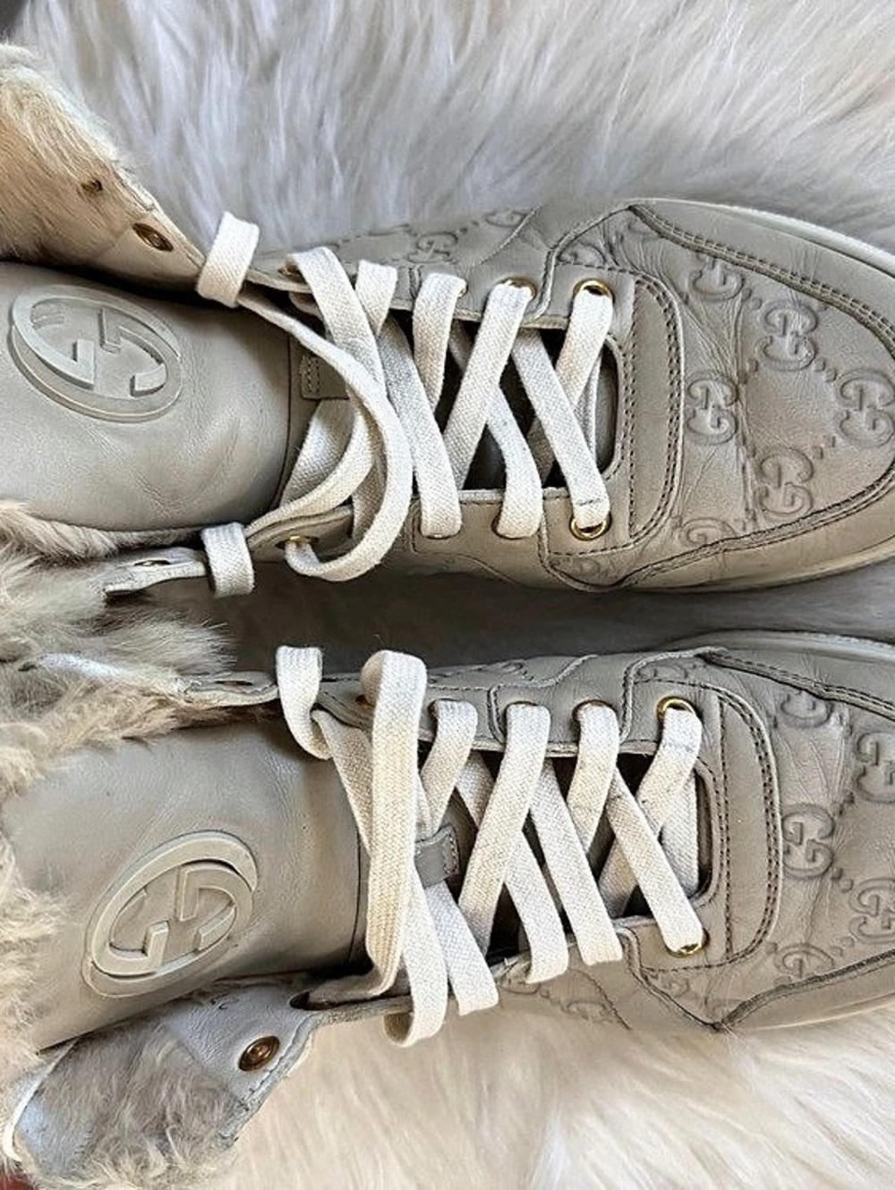Gucci Guccissima Rabbit Fur Coda High Top Sneakers White EU 37